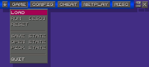 ZSNES GUI showing the Game Menu