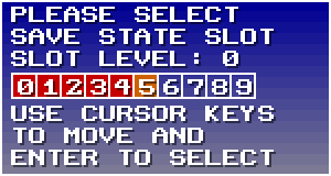 The Save State Slot chooser screen, which allows you to quickly choose a save state slot using a graphical preview.